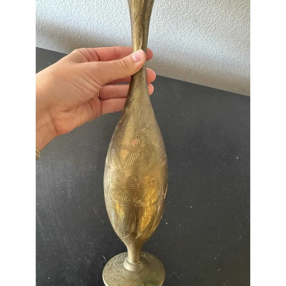 Vintage Inlaid Metal Table Flower Vase Home Decorative‎ Gold Color Copper India
